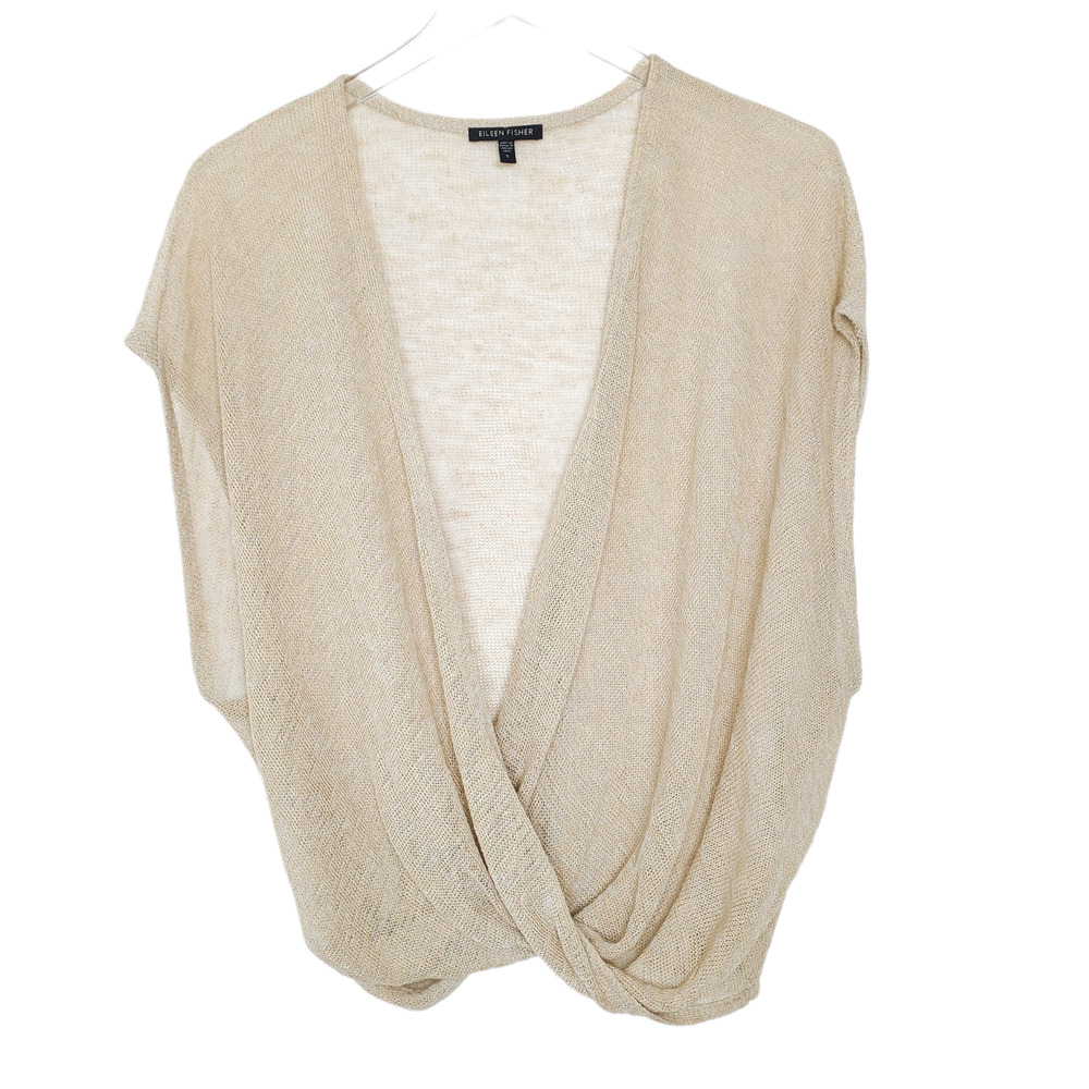 Eileen Fisher Wrap Front knit Top Sweater Short Sleeve S Tan Boxy Baggy Deep V
